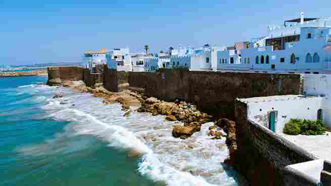 Scenic view of Asilah, Morocco with its white-washed buildings and coastal landscape