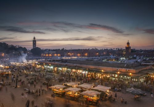 Jemaa el-Fnaa Square illuminated at dusk, Marrakesh, Morocco